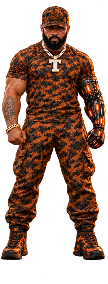 MilliX in orange and black gear, standing with a mechanical arm