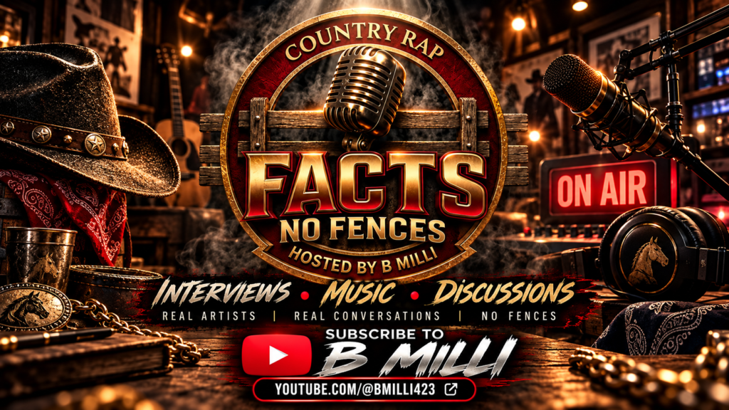 Country Rap Facts No Fences podcast hosted by B Milli, featuring interviews, music and discussions