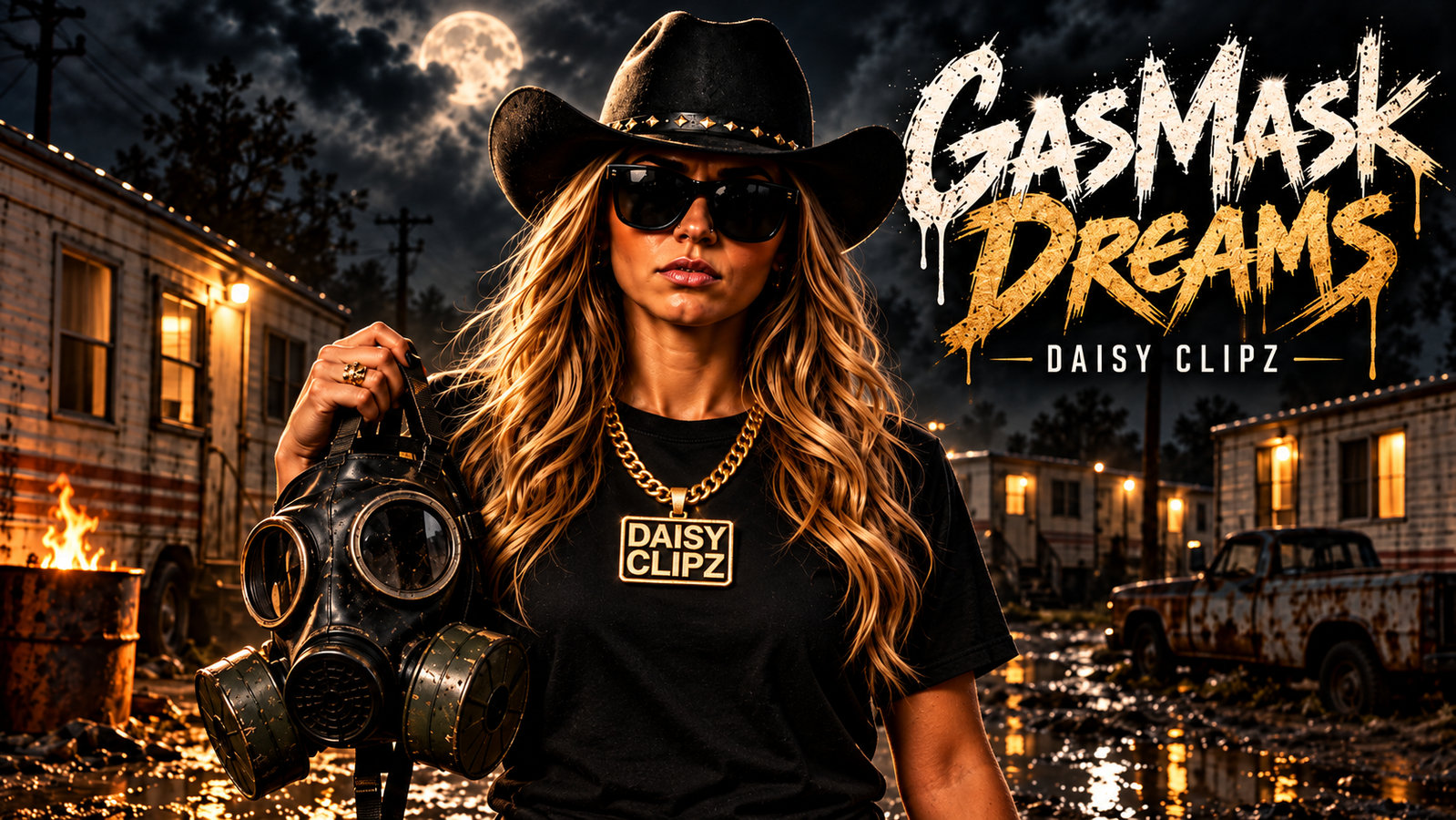 Daisy Clipz Gas Mask Dreams official video artwork — moonlit outlaw street with gas mask
